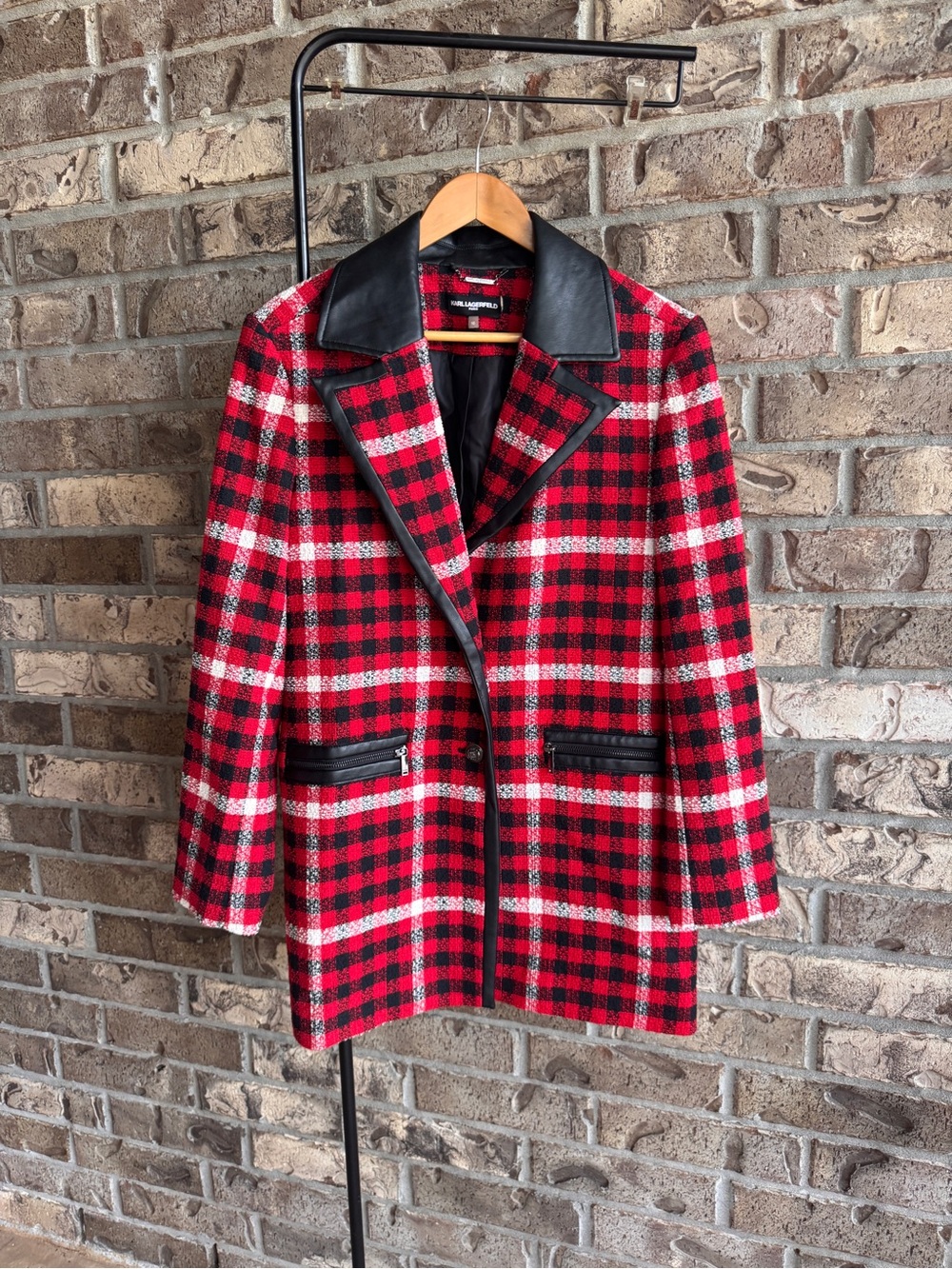 Karl Lagerfeld Paris Plaid Faux Leather Trim Long Blazer Jacket Size 10 - Picture 2 of 16